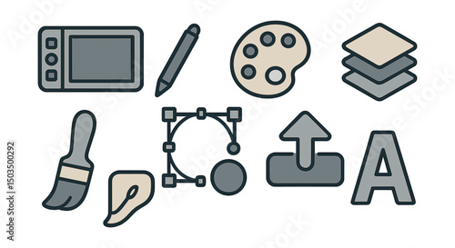 Outline with Fill vector icons of digital creativity tools: drawing tablet, stylus pen, color palette, vector shapes, layers panel, blending tool, export button, font picker.