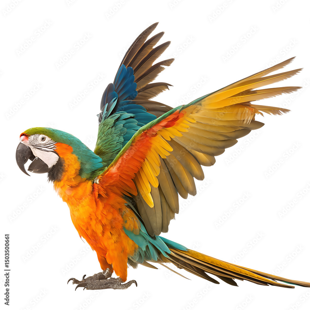 Fototapeta premium Magnificent Parrot in Flight: A vivid display of nature's artistry, a vibrant parrot with wings spread wide showcases a stunning blend of colors, symbolizing freedom and exotic beauty.