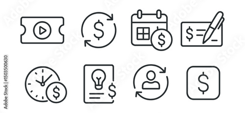 Line style icons of recurring payments: subscription icon, auto-pay symbol, calendar reminder for bills, bank draft icon, scheduled payment badge, utility charge, membership renewal, app subscription