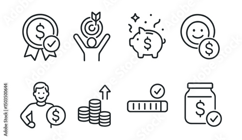 Line style icons of success in budgeting: stayed on budget badge, goal achieved icon, celebration with savings, financial peace symbol, confidence with money icon, improved cash flow, debt-free