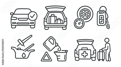 Line style icons of vehicle preparation: car checkup icon, packed trunk, tire pressure icon, car keys, oil check, fluid refill, roadside kit, loading luggage.