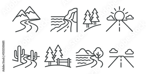 Line style icons of scenic drive: mountain road, coastal route, forest lane, sunrise drive, desert path, nature viewpoint, lake by road, open highway.
