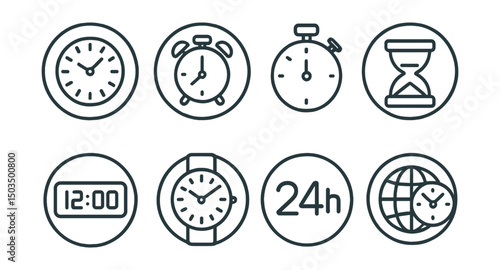 Line style icons of time management in circles: wall clock in circle, alarm clock icon, stopwatch outline, hourglass shape, digital clock screen, watch face, 24h icon, world clock.