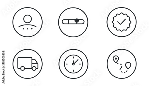 Line style icons of tracking and status in circles: real-time tracking dot, delivery progress bar, out for delivery, delivered badge, in transit icon, estimated time clock, package route, delay alert