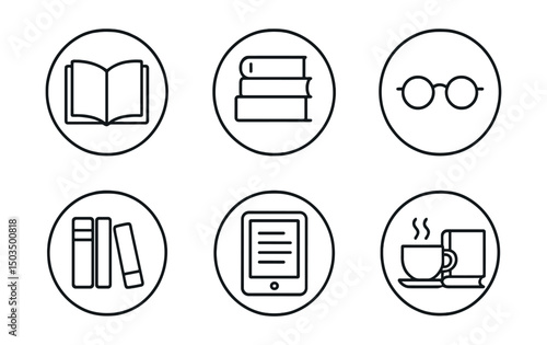 Line style icons of reading and literature in circles: open book, stack of novels, bookmark, reading glasses, bookshelf icon, e-reader, reading lamp, tea with book.
