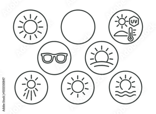 Line style icons of sunny weather in circles: bright sun icon, clear sky symbol, UV index badge, sunglasses icon, sun over landscape, sun and thermometer, sun rays, summer heat.