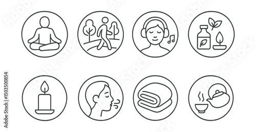 Line style icons of mindful leisure in circles: meditation icon, nature walk, relaxing music, aromatherapy oil, candlelight moment, slow breathing symbol, soft blanket, tea ceremony.