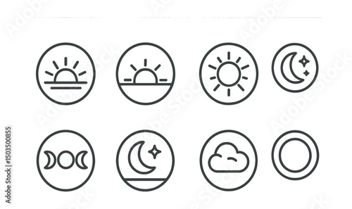 Line style icons of day and night in circles: sunrise icon, sunset badge, midday sun, starry night, moon phases, twilight symbol, cloudy evening, full moon.