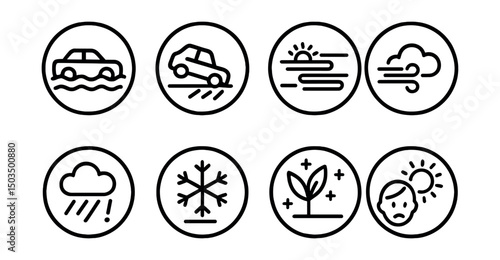 Line style icons of local weather events in circles: street flooding, icy road, foggy morning, strong breeze day, surprise rain, hail alert, frost advisory, sunburn warning.