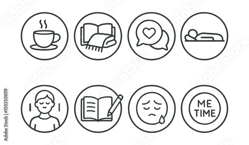 Line style icons of parental self-care in circles: coffee break, book and blanket, support chat, moment of rest, deep breath icon, journaling symbol, tired face, “me time” badge.