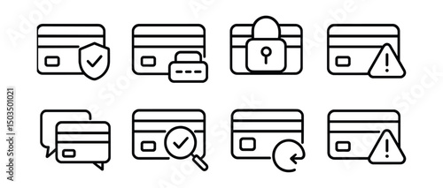 Line style icons of transactions: transaction security shield, encrypted payment icon, secure transaction lock, fraud detection alert, transaction dispute icon, transaction verification process,