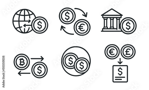 Line style icons of transactions: cross-border transaction, currency exchange transaction, remittance transaction icon, forex payment transaction, crypto-to-fiat transaction, stablecoin transaction,