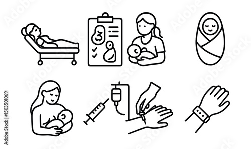 Line style icons of childbirth: recovery bed, post-delivery care chart, first breastfeeding attempt, newborn blanket wrap, skin-to-skin contact, postpartum injection, IV removal, mother’s hospital