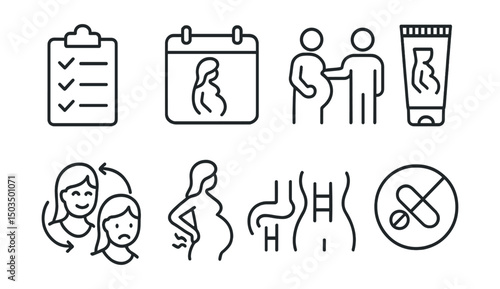 Line style icons of pregnancy: prenatal checklist, appointment reminder, partner involvement icon, stretch mark cream, mood swings icon, back pain support, hormone levels, safe medication guide.