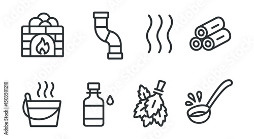 Line style icons of bathhouse: sauna stove, chimney pipe, heat wave icon, firewood stack, water bucket steam, scent bottle, herbal infusion, ladle splash motion.