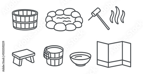 Line style icons of Japanese bath: wooden ofuro tub, stone onsen pool, bamboo ladle, hot spring steam, soaking stool, traditional bucket, water basin, folding screen.