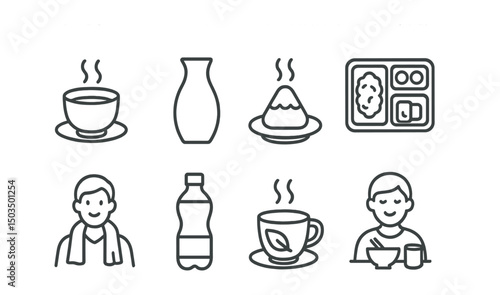Line style icons of Japanese bath: green tea cup, hot sake flask, steamed rice snack, light bento plate, warm towel on neck, soft drink bottle, herbal infusion icon, cozy after-bath meal.