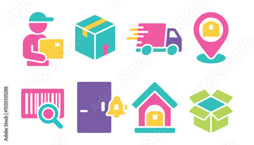 Two-Color vector icons of delivery services: courier, parcel box, express truck, delivery pin, tracking barcode, doorbell icon, pickup point, open package.