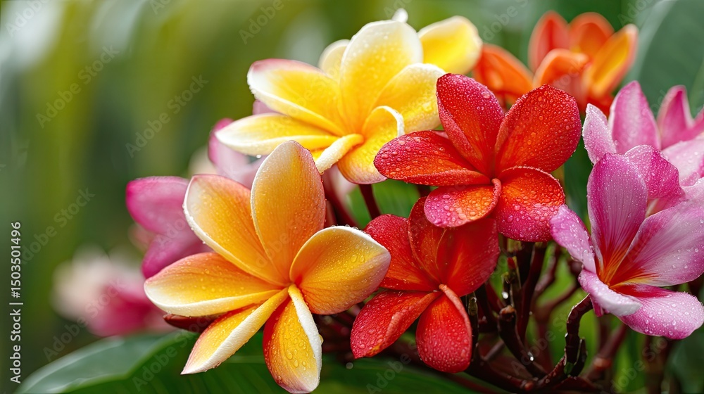 Fototapeta premium Frangipani Delight Tropical Blooms in Vibrant Hues with DewKissed.