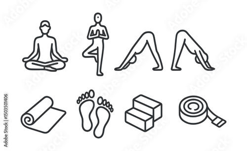Line style icons of yoga and breathwork: seated lotus pose, tree pose, downward dog, standing forward bend, yoga mat, barefoot icon, yoga blocks, yoga strap.