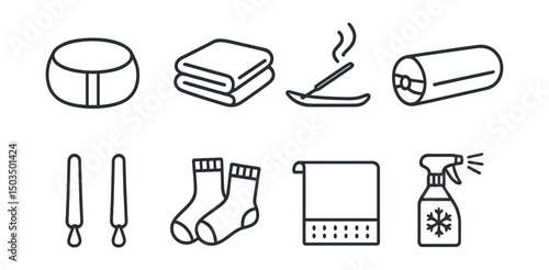 Line style icons of yoga and breathwork: meditation cushion, folded blanket, incense holder, yoga bolster, wall rope icon, soft socks icon, yoga towel, cooling spray.