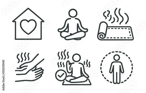 Line style icons of yoga and breathwork: safe space icon, grounding pose, yoga boundary mat, emotional calm breath, consent and touch symbol, choice in pose icon, breath with respect, personal bubble