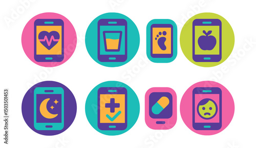 Two-Color vector icons of mobile health apps in circular design: heart monitor, water intake tracker, step counter, calorie log, sleep cycle, symptom checker, pill reminder, stress level meter.