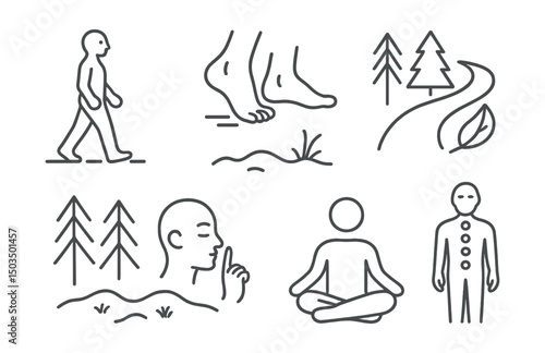 Line style icons of meditation and mindfulness: walking meditation, slow step icon, barefoot on ground, foot and breath icon, mindful trail icon, forest silence, soft terrain symbol, body alignment.