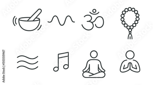 Line style icons of meditation and mindfulness: sound bowl icon, vibrational wave, mantra symbol, chant bead, sound line icon, sacred tone, rhythmic breath icon, inner harmony symbol.
