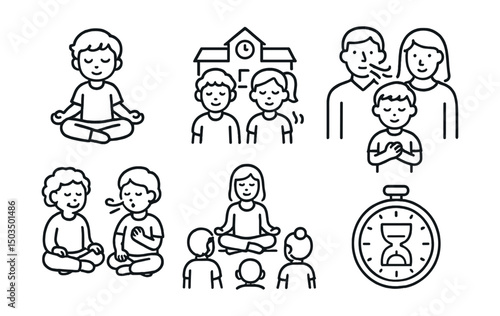 Line style icons of meditation and mindfulness: child meditating, school mindfulness, family breath icon, intergenerational practice, kid calm symbol, breathing game, mindful classroom icon, short