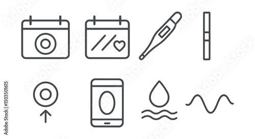 Line style icons of women’s health: ovulation day icon, fertility window, basal body thermometer, ovulation test strip, egg release symbol, fertility app icon, cervical mucus guide, hormone surge