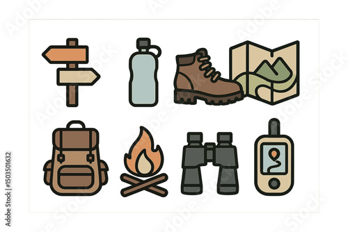 Outline with Fill vector icons of hiking and trails: trail sign, water bottle, mountain shoes, topographic map, backpack, campfire, binoculars, GPS tracker.