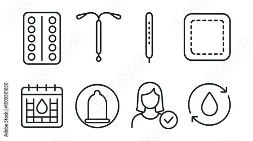 Line style icons of women’s health: contraceptive pill pack, IUD icon, implant symbol, contraceptive patch, fertility awareness icon, barrier method icon, informed choice symbol, cycle planning.