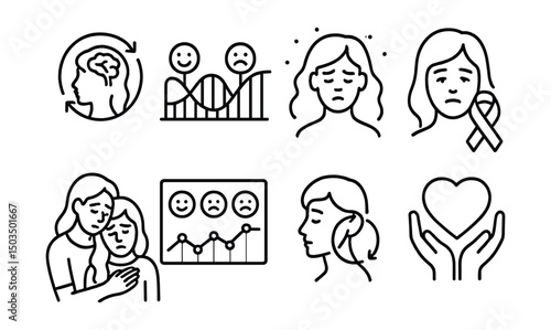 Line style icons of women’s health: mental health cycle link, emotional rollercoaster icon, anxiety during PMS, depression awareness face, therapy support icon, mood tracking chart, cycle and mood