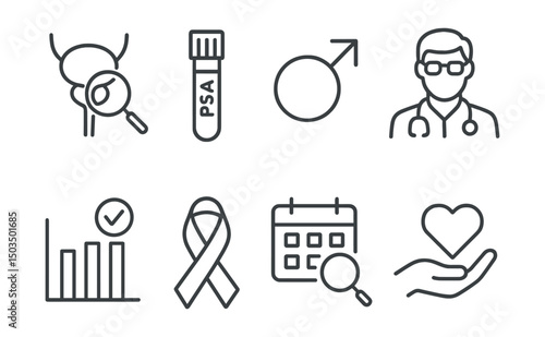 Line style icons of men’s health: prostate check icon, PSA test tube, male anatomy symbol, urologist icon, early detection chart, awareness ribbon, exam calendar, trust in care symbol.