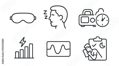 Line style icons of men’s health: sleep mask, snoring symbol, CPAP machine icon, bedtime reminder, energy bar chart, deep sleep wave, sleep posture icon, night routine plan.