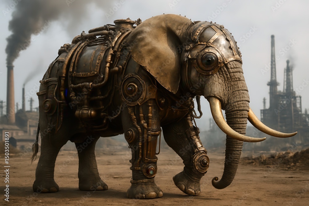Fototapeta premium Steampunk elephant walking in industrial wasteland with pollution from factories