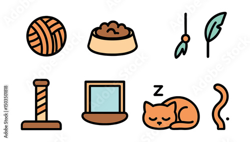 Outline with Fill icon set for playful cat life: yarn ball, food bowl, paw print, feather toy, scratching post, window perch, nap bubble, curious tail.
