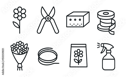 Line style icons of floristry: flower stem, pruning shears, floral foam, ribbon spool, bouquet wrap, floral wire, flower food packet, water spray bottle.