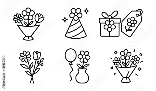 Line style icons of floristry: birthday bouquet, celebration hat, party floral gift, happy tag, colorful mix, balloon and bloom combo, cheerful vase, wrapped flowers with confetti.