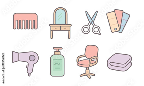 Outline with Fill icon set for pastel hair salon: comb, mirror station, scissors, color swatches, hairdryer, shampoo bottle, chair, soft towel.