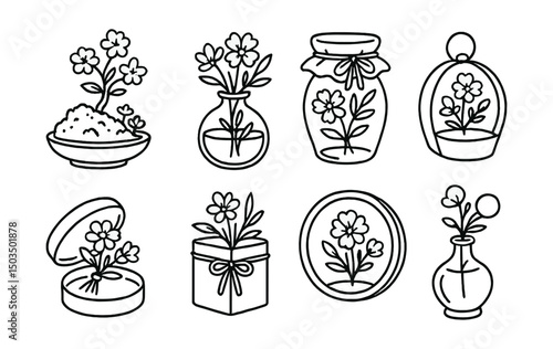 Line style icons of mini floral arrangements: bonsai dish with moss and flowers, round glass globe vase, honey jar with wrapped stems, rounded cardboard gift pack, micro-bouquet in lid, tea tin with