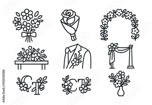 Line style icons of holiday floral arrangements: wedding bouquet, white rose wrap, floral arch icon, table florals for reception, boutonniere icon, floral aisle decoration, couple’s floral initials,