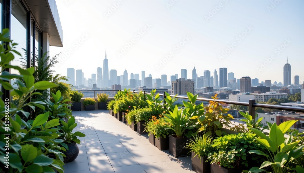 Fototapeta premium Lush Green Rooftop Garden Overlooking City Skyline at Sunrise