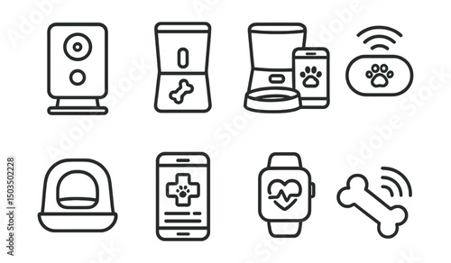Line style icons of pet tech: pet camera icon, treat dispenser machine, app-controlled feeder, GPS pet tracker, smart litter box, digital vet record, health tracker, connected toy.