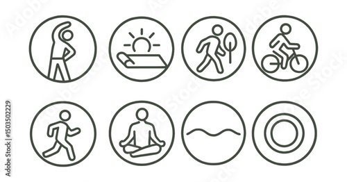 Line style icons of wellness and healthy living: morning stretch figure, yoga mat with sun, walk outdoors icon, cycling symbol, light jog person, deep breathing pose, slow movement wave, daily