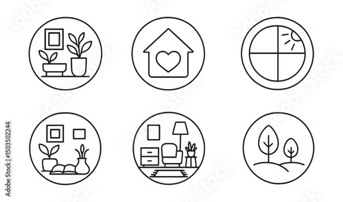 Line style icons of wellness and healthy living: clean space with plants, peaceful home icon, sunlit window circle, calming interior moment, quiet corner with book, tidy room with rug, cozy scent
