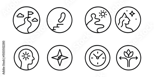 Line style icons of wellness and healthy living: personal wellness path, small step icon, journey not perfect badge, progress over perfection, wellness mindset spark, internal compass icon, your
