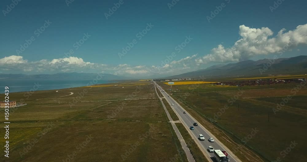Qinghai lake summer ring road aerial view on a sunny day Qinghai lake summer ring road aerial view on a sunny day