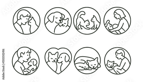 Line style icons of pets at home: bonding moment icon, cuddle time circle, play and rest badge, slow trust icon, welcome new pet symbol, companionship heart ring, shared nap spot, calm presence icon.